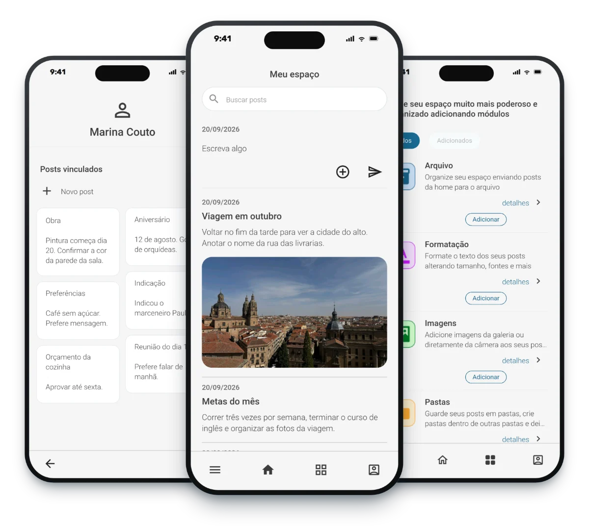 Três iPhones com o PlaceVox: contatos, feed e módulos